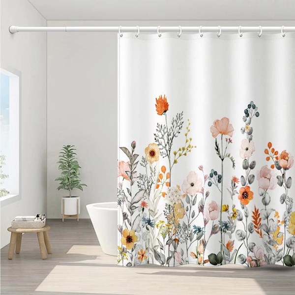 Duschdraperi, Tyg Duschdraperi, Vit Blommig Duschdraperi