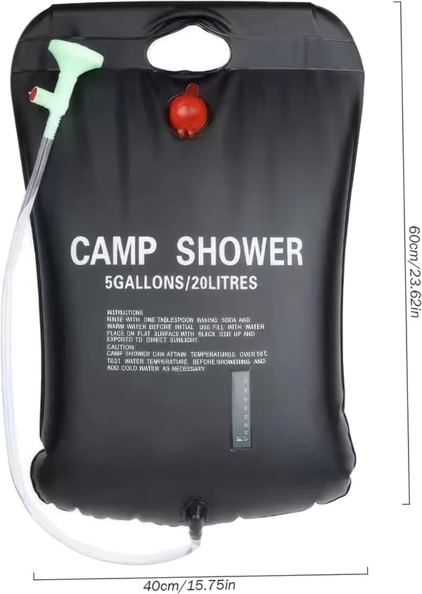 1 sæt solbruserpose, 20L solvarme campingbruserpose temperaturindikator varmt vand 40°C vandring klatring