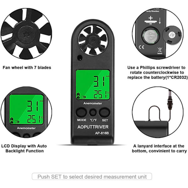 Håndholdt digital anemometer for måling av vindhastighet, måling av w