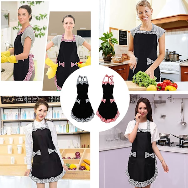 2 Pakke Forklæder til Kvinder, Sorte Forklæder til Kvinder med 2 Lommer, W