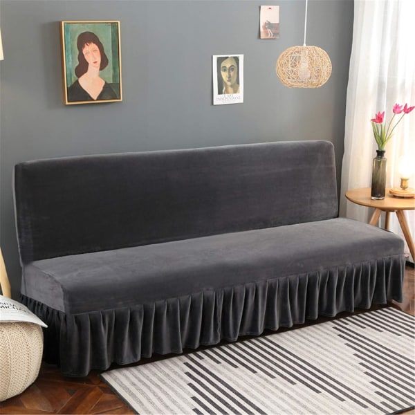 Armløs Sort Fløjl Futon Betræk med Rufflet Skørt - Høj Elasticitet