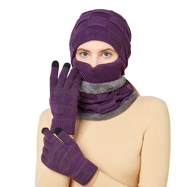 Varm 4-delad mössa, halsduk, mask och handskar för män och kvinnor (lila