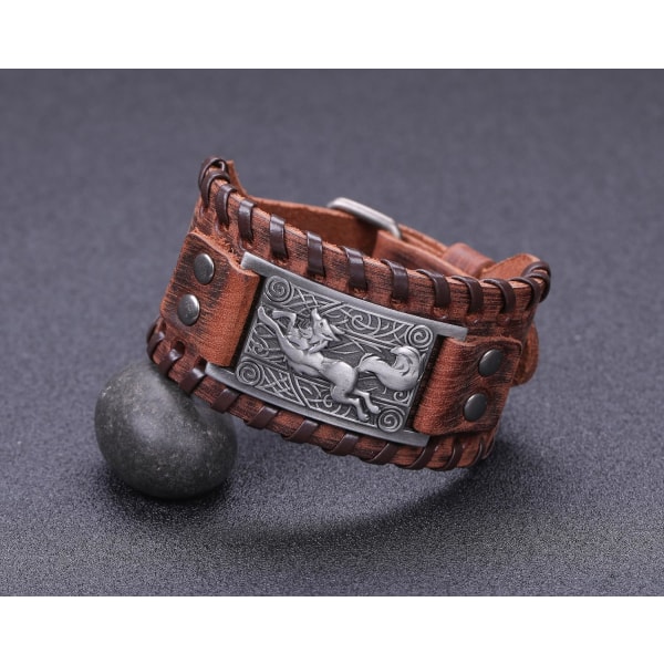 Lemegeton Viking-inspirert lær armbånd med keltisk ulv og rev