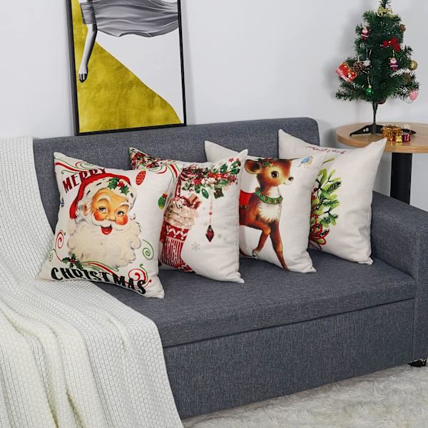 Set med 4 Kuddfodral Jul Retro Strump Sika Rådjur Mönster Dekorativ Soffa Kuddfodral Dekoration för Sovrum, Soffa,