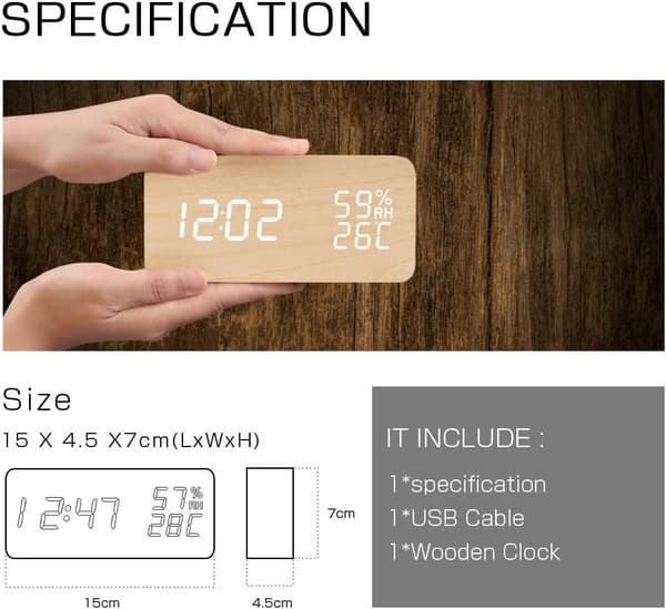 LED Digital Väckarklocka Luftfuktighet Datum Temperatur Trälook Dekor
