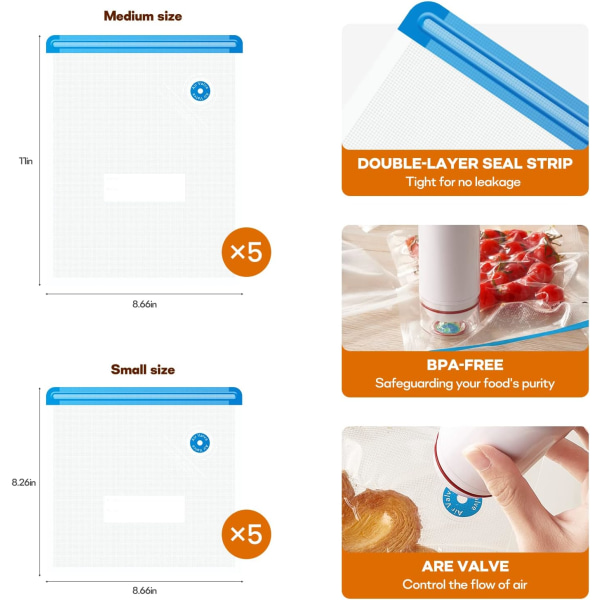 Bærbar vakuumforsegler for matlagring, med 10 BPA-frie vakuumposer