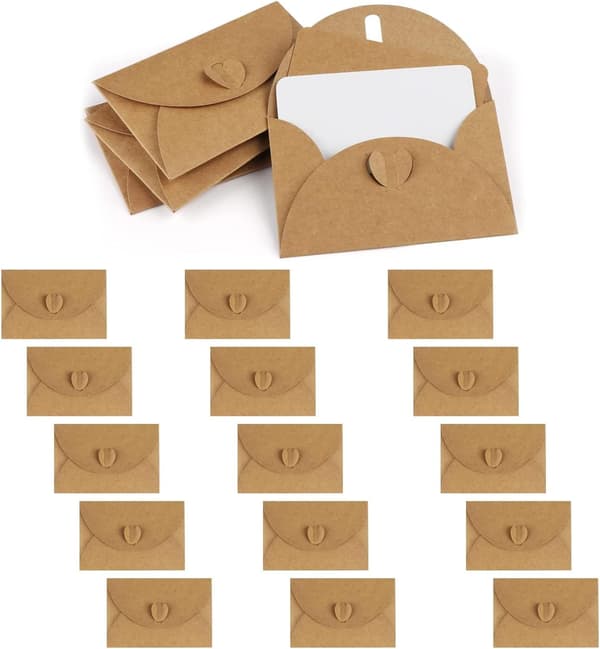 15 kraftpapirkonvolutter med 15 blanke papkort, mini konvolutter med hjerteformet lukning, til DIY graffiti gavekort