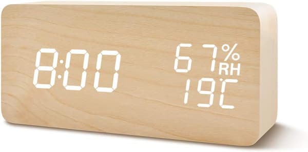 LED Digital Väckarklocka Luftfuktighet Datum Temperatur Trälook Dekor