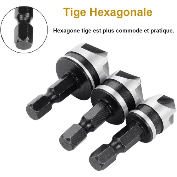 3 st 1/4\" Hex HCS Countersink 5-kantiga Borr för Counters DXGHC