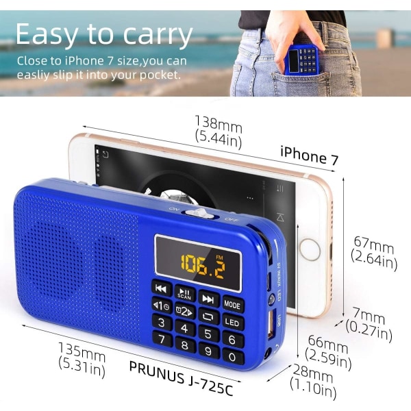 （Blue）Portable Radio, FM Radio with Large Capacity Rechargeable B