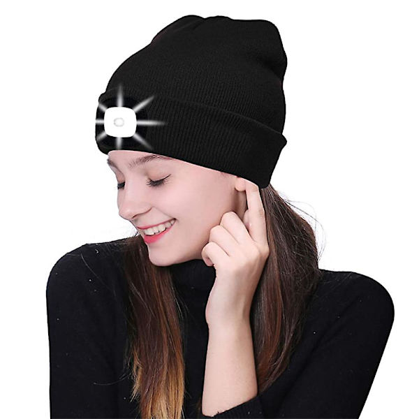 Unisex LED Beanie Hat med Lys, Vinterstrikket Lysende Forlygte H