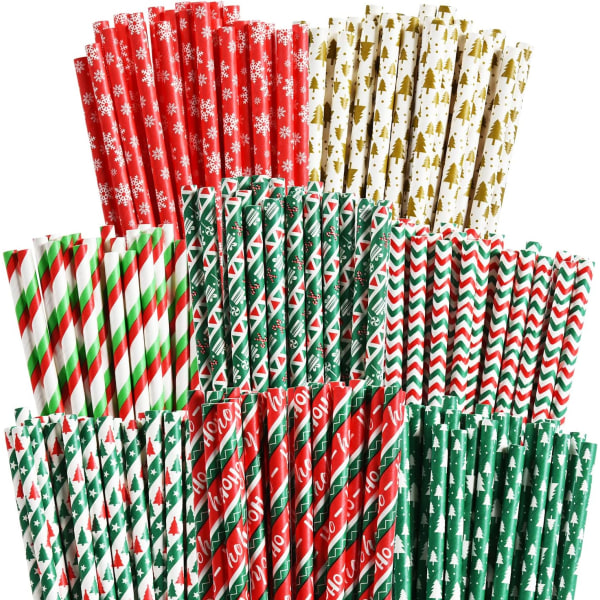 200 julepapirsugerør, 8 stiler Stripet juletre Snowf