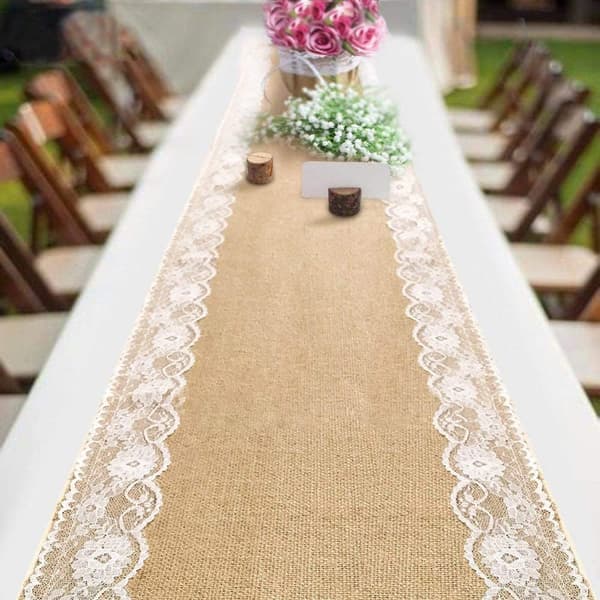 (2 STK) 30 x 275CM Burlap og Blonder Dugløber til Bryllup Fest