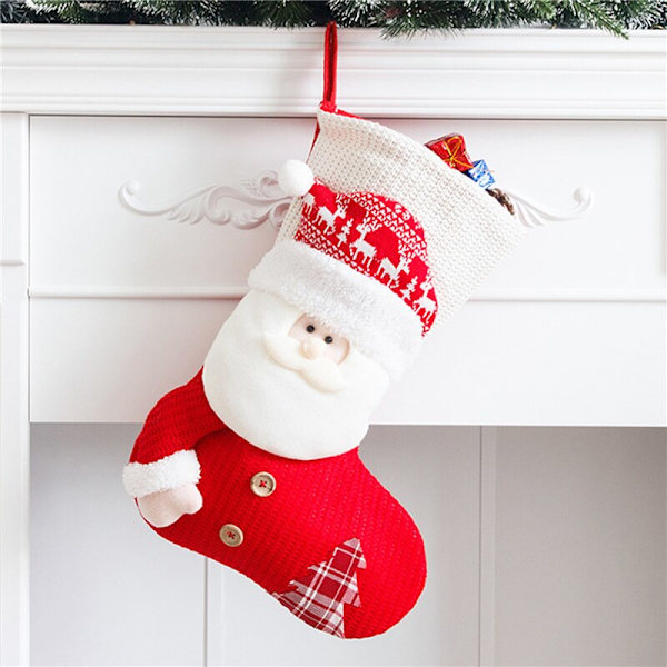 Stor Rödvit Stickad Julstrumpa Tomte Eldstad
