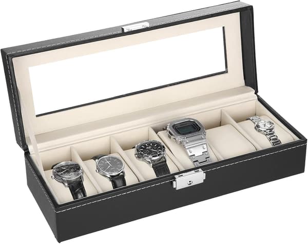 Urklocka med 6 Fack, Ask/Display, PU-Läder Urlagringsbox DXGHC