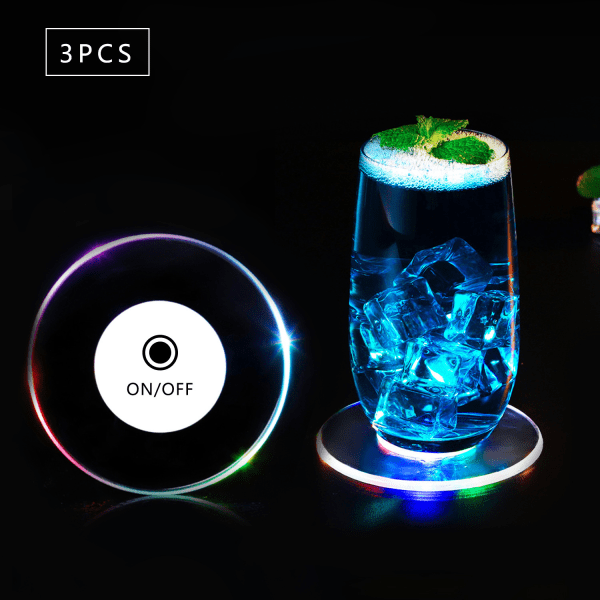 3 Pack Acrylic Crystal LED Glow Coasters Bar Cocktail Bright Glit