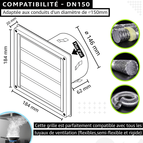 150 mm ventilasjonsrist i rustfritt stål med bevegelige lameller + gummipakning