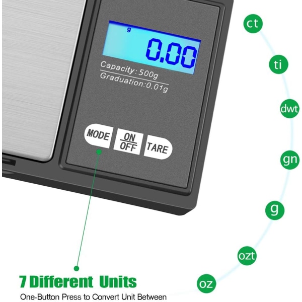 Præcisionsvægt, Køkkenvægt, Smart Vægt med 7 Enheder. Lommevægt