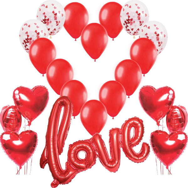Romantisk dekoration, 1 XXL kärleksballong, 6 röda hjärtballonger, 4
