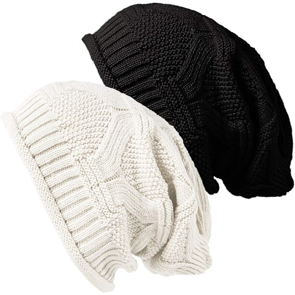 Svart + beige tjock dubbelstickad ull hampblommhatt han