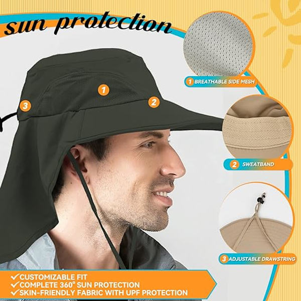 Unisex Solhatt för Utomhus, Solskydd, Fiskehatt, Bred Brätte, Halsklaff