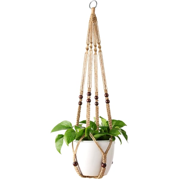 Macrame Växthängare Inomhus Hängande Planterkorg med Träpärla