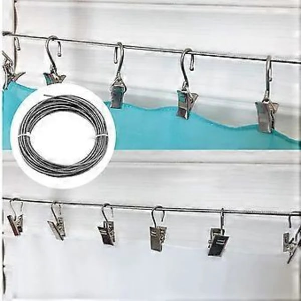 10M Rustfri Ståltråd Wire Belagt 2 mm Stålwirer Justerbar Gardinwire Hængende Wire med Monteringsklemmer