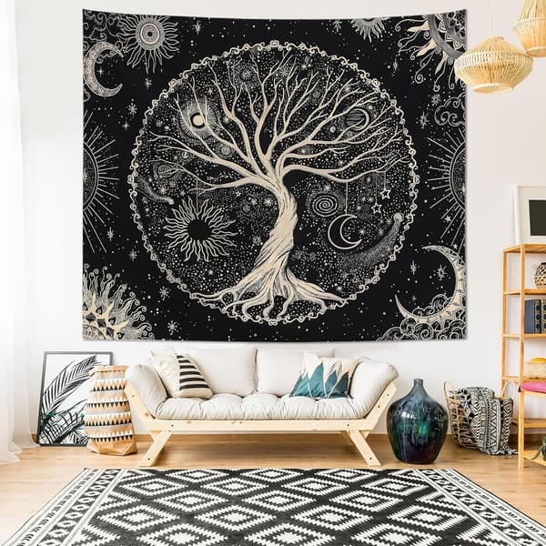 Livets tre veggteppe for soverom, svart og gull boho