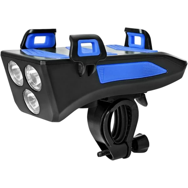 4 i 1 multifunktionell ljus cykelhornslampa med telefonhållare, USB vattentät uppladdningsbar cykellampa med 3 ljuslägen 5 ljud（blått）