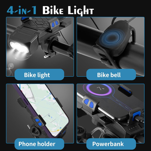3 i 1 USB oppladbart multifunksjons sykkellys med strømforsyning og mobiltelefonholder, 180 grader roterbart sykkellys（blått）