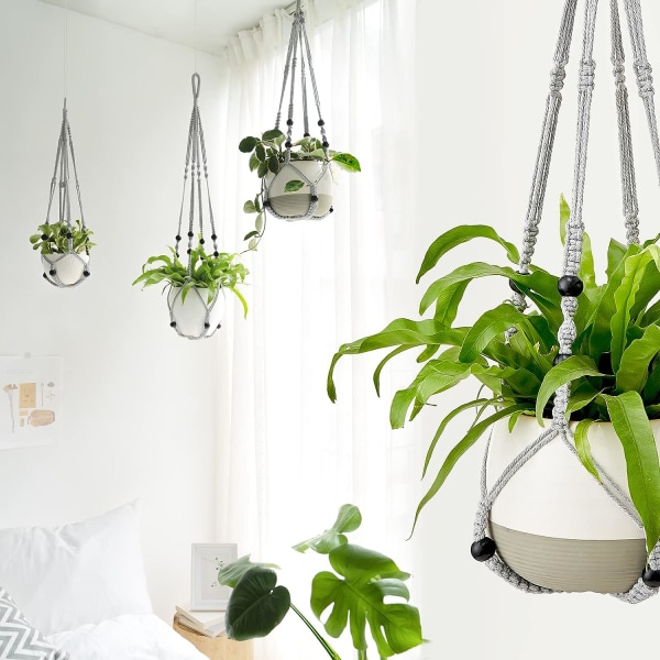 Macrame Växthängare Inomhus Hängande Planterkorg med Träpärla