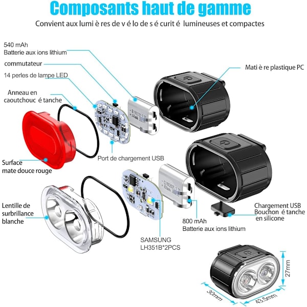 LED-sykkel, USB-lading for front- og baklys, IPX5 vanntett LED