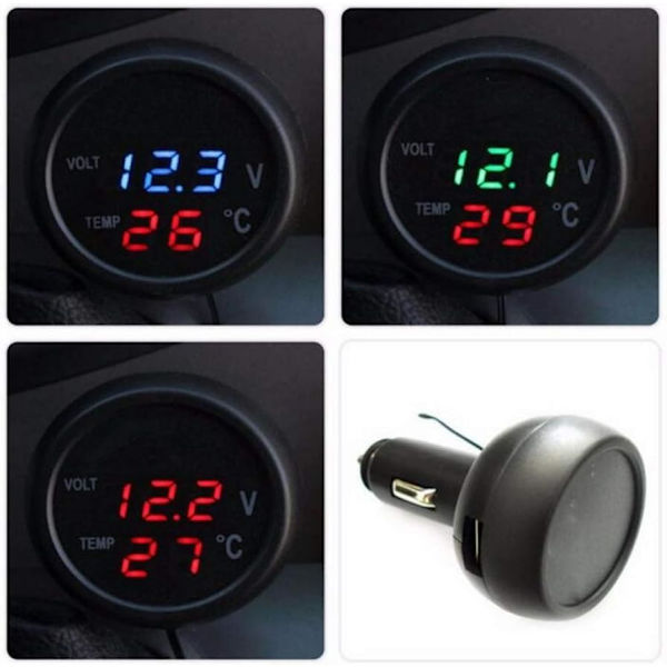 3-i-1 Universal 12V 24V Bilvoltmeter Bil Multifunktionell Blå LED