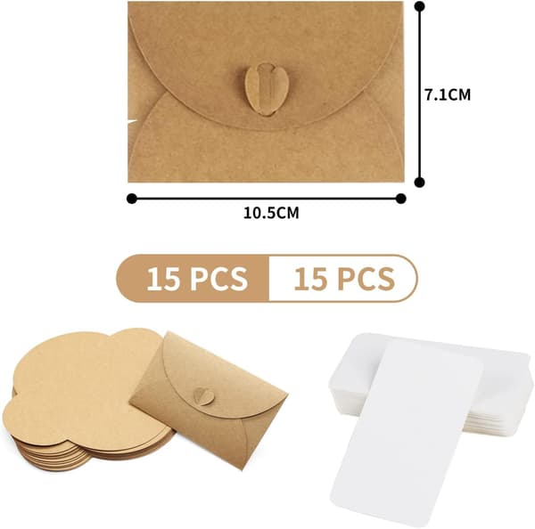 15 konvolutter i kraftpapir med 15 blanke kort, mini-konvolutter med hjerteformet lukking, for DIY graffiti gavekort