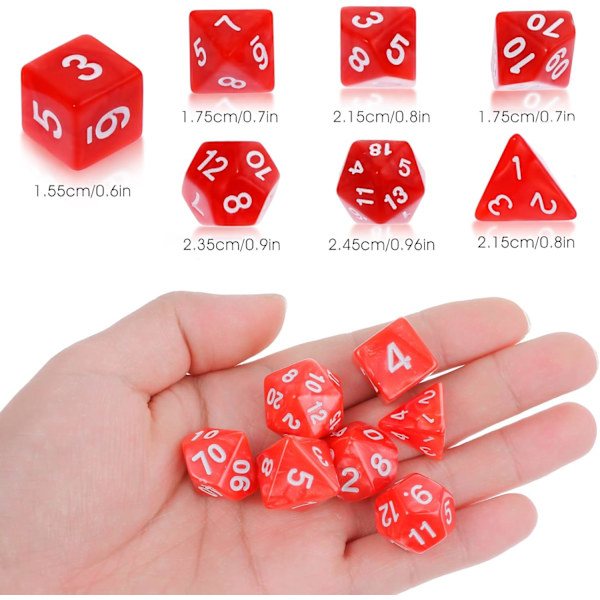 7 deler DND terningsett for Dungeon and Dragons, lilla tåke polyhedral terning RPG rollespill brettspill (rød)