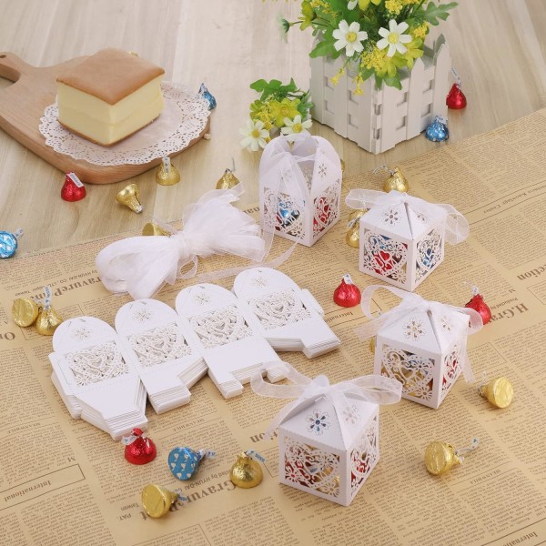 50 PCS Party Favor Candy Box (5x5x7cm) Laser Cut White Wedding Dr