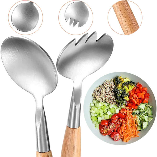 2 stk. Salatserveringer i Rustfrit Stål, Træ Salatserveringer  DXGHC