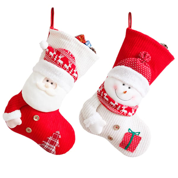 2 st julstrumpor röda och vita stickade tomte snögubbe