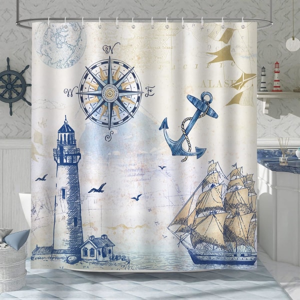 Nautical Shower Curtain 180 x 200cm Waterproof Mildew Resistant P