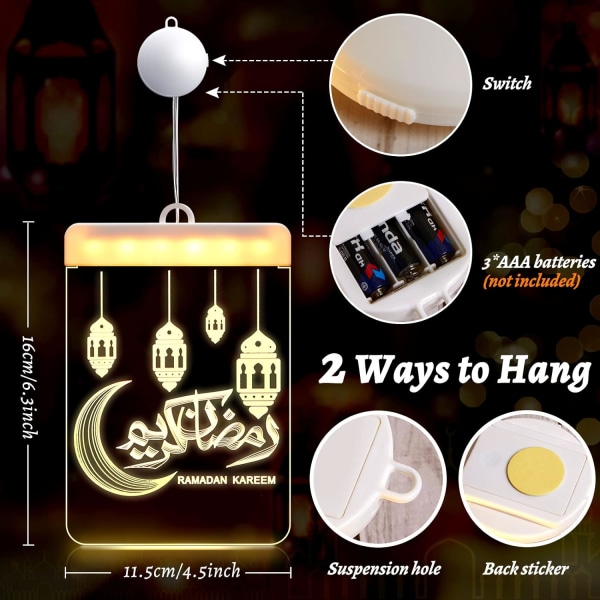 2 Pieces Eid Decorative Window Lights Eid Mubarak LED Hanging DXGHC