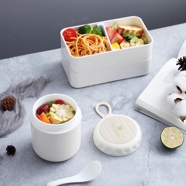 3-delad set Trästruktur Plast Dubbellagers Lunchbox Soppkopp