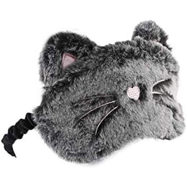 (Svart grå katt) Söt Sov-Ögonmask Plysch Blindfold Resa Sle