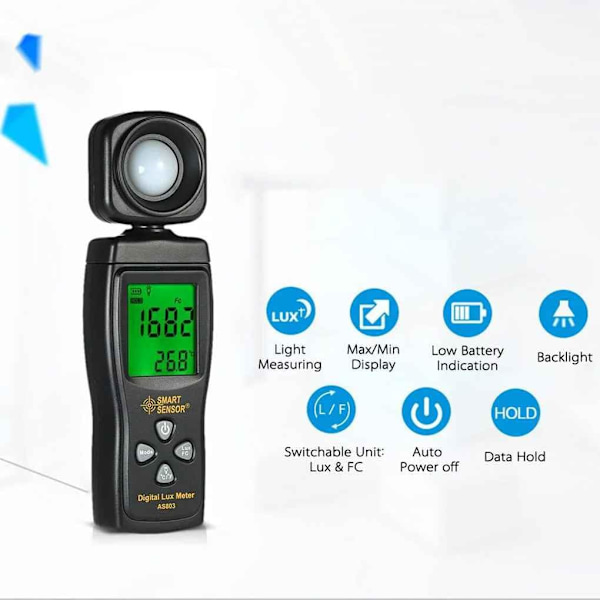 Smart Sensor AS803 Digital Lux Lysmåler 1-200000 Lux Lumenmeter