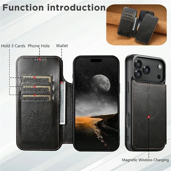 SKALO iPhone 17 Pro Max SUTENI J05 PU Læder Wallet Case - Sort Sort