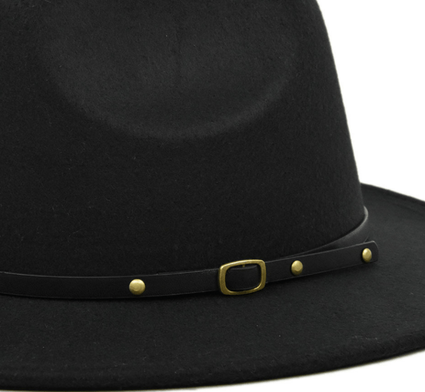 Ullhatt i jazzstil, retro svart ullhatt med flat brem, stor