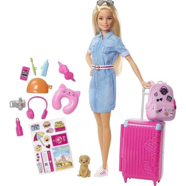 Barbie dukke og rejsedragt, med hvalp, bagage og 10+accessori