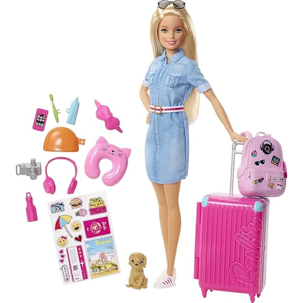 Barbie-nukke ja matkasarja, mukana pentu, matkalaukku ja yli 10 tarviketta