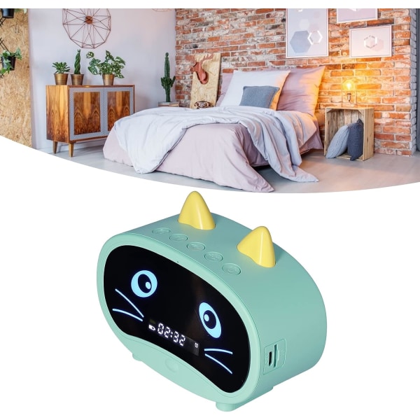Digital väckarklocka-högtalare, grön, tecknad kattväckarklocka med T