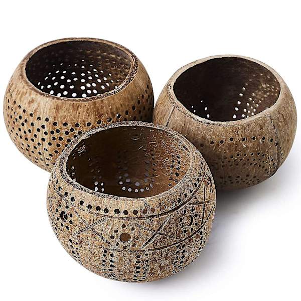 Coconut Shell Wood ljushållare (set med 3) med Coconut Sce DXGHC