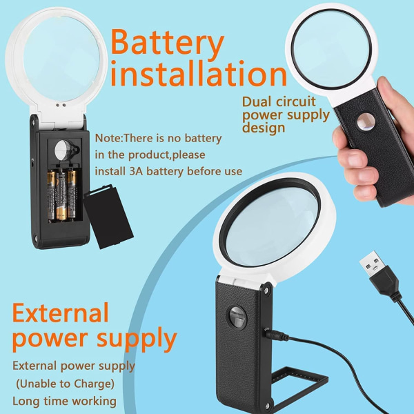 10X 30X Forstørrelsesglass med lys og stativ, bærbar stående